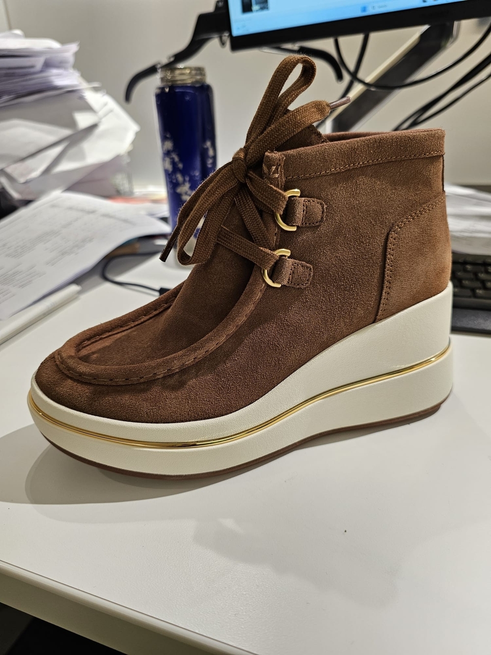 MK Women’s Brown Suede Wedge Ankle Boot with Gold Trim Size 6 Without Box
